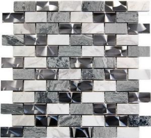 Stainless Steel and Gray Stone 1x2 Interlocking Blend Mosaic